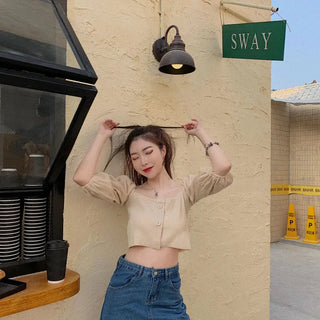 Off Shoulder Woman Tshirts French Puff Sleeve Short Croptop Korean Belly Button Exposed Sexy Shirt Summer Vintage Soild Y2k Tops ALODIA STORE