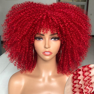 Short Afro Kinky Curly Wig With Bangs For Black Women Cosplay Lolita Natural Hair Ombre Mixed Brown Synthetic African Wigs ALODIA STORE