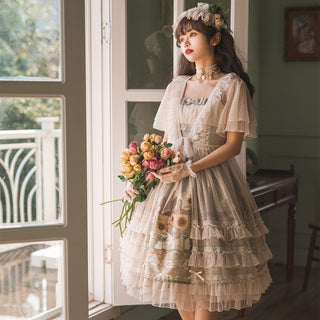 Japanese Sweet Kawaii Jsk Lolita Dress Women Vintage Victorian Sunflower Story Jsk Cartoon Summer Bow Fresh Tea Party Dresses ALODIA STORE