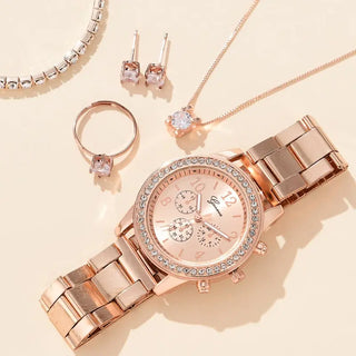 6PCS Set Luxury Watch Women Ring Necklace Earrings Rhinestone Fashion Wristwatch Female Casual Ladies Watches Bracelet Set Clock ALODIA STORE