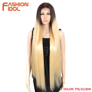 38 inch Straight Hair Synthetic Lace Front Wigs For Women High Temperature Fiber Ombre Blonde Highlight Cosplay Wig FASHION IDOL ALODIA STORE