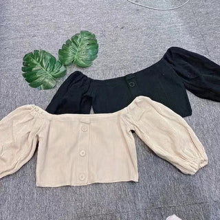 Off Shoulder Woman Tshirts French Puff Sleeve Short Croptop Korean Belly Button Exposed Sexy Shirt Summer Vintage Soild Y2k Tops ALODIA STORE