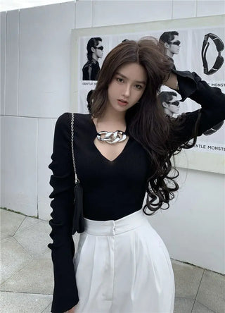 Women's Long Sleeve Black Croptop Knitted Sweater Sexy Party Slim Shirt Cropped Tops Korean Fashion Elegant Office Ladies ALODIA STORE