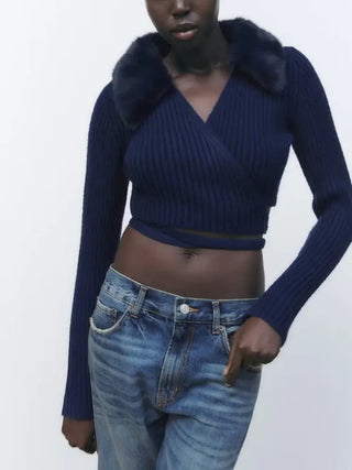Artificial Fur CropTops Furry Fall Female Crop for Women V Neck Knit Sweater Y2k Long Sleeve New In Pullovers Traf Winter 2022 ALODIA STORE