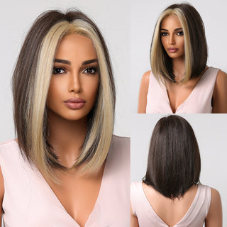 Ombre Brown Platinum Blonde Synthetic Wigs Short Straight Bob Wigs for Black Women Daily Natural Heat Resistant Hair Cosplay ALODIA STORE