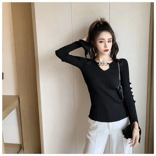 Women's Long Sleeve Black Croptop Knitted Sweater Sexy Party Slim Shirt Cropped Tops Korean Fashion Elegant Office Ladies ALODIA STORE