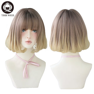 7JHH WIGS Short Bob Straight Ombre Blonde Wigs With Bang For Girl Black Female Synthetic Shoulder Length Crochet Hair Ginger Wig ALODIA STORE