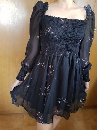 Sexy Black Dress Vintage Flower Long Puff Sleeve Chiffon Dresses ALODIA STORE