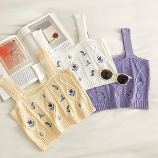 Flowers Embroidery Suspender Korean V-Neck Knitting Sweet Elastic Vintage Students Cute Summer Women Knot CropTops ALODIA STORE