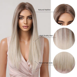 HENRY MARGU Long Straight Lace Front Synthetic Wigs Brown Blonde Platinum Wigs for White Women Middle Part Daily Heat Resistant ALODIA STORE