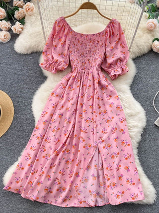 YuooMuoo Romantic Floral Print Split Long Summer Dress Puff Sleeve Party Korean style ALODIA STORE