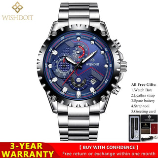 100%Original WISHDOIT Watch for Men TOP Brand Waterproof Sports Stainless Steel Chronograph 2022New Fashion Luxury wrist watches ALODIA STORE
