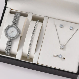 6PCS Set Luxury Watch Women Ring Necklace Earrings Rhinestone Fashion Wristwatch Female Casual Ladies Watches Bracelet Set Clock ALODIA STORE