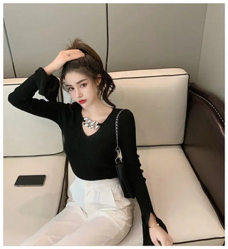 Women's Long Sleeve Black Croptop Knitted Sweater Sexy Party Slim Shirt Cropped Tops Korean Fashion Elegant Office Ladies ALODIA STORE