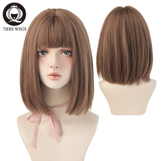 7JHH WIGS Short Bob Straight Ombre Blonde Wigs With Bang For Girl Black Female Synthetic Shoulder Length Crochet Hair Ginger Wig ALODIA STORE