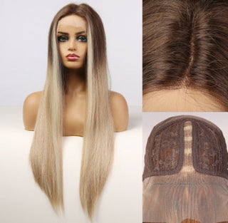 HENRY MARGU Long Straight Lace Front Synthetic Wigs Brown Blonde Platinum Wigs for White Women Middle Part Daily Heat Resistant ALODIA STORE