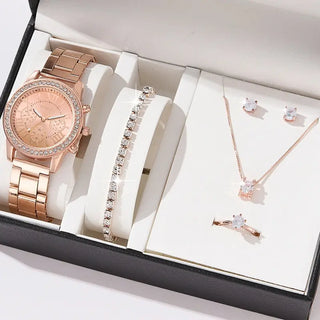 6PCS Set Luxury Watch Women Ring Necklace Earrings Rhinestone Fashion Wristwatch Female Casual Ladies Watches Bracelet Set Clock ALODIA STORE