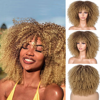 Short Afro Kinky Curly Wig With Bangs For Black Women Cosplay Lolita Natural Hair Ombre Mixed Brown Synthetic African Wigs ALODIA STORE