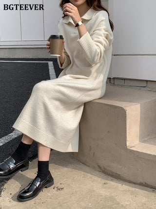 BGTEEVER Casual Thicken Warm Loose Sweater Dress Women Autumn Winter Lapel Full Sleeve Solid Long Knitted Dress Female vestidos ALODIA STORE
