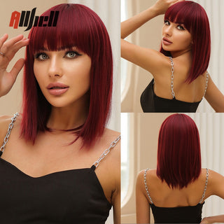 Ombre Brown Platinum Blonde Synthetic Wigs Short Straight Bob Wigs for Black Women Daily Natural Heat Resistant Hair Cosplay ALODIA STORE