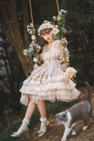 Japanese Sweet Kawaii Jsk Lolita Dress Women Vintage Victorian Sunflower Story Jsk Cartoon Summer Bow Fresh Tea Party Dresses ALODIA STORE