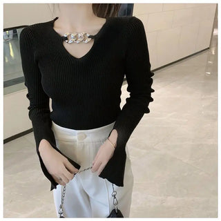 Women's Long Sleeve Black Croptop Knitted Sweater Sexy Party Slim Shirt Cropped Tops Korean Fashion Elegant Office Ladies ALODIA STORE