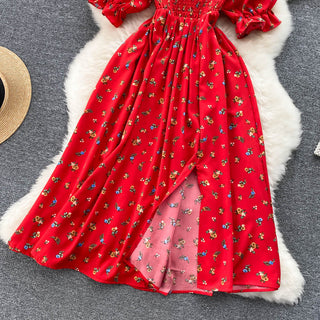 YuooMuoo Romantic Floral Print Split Long Summer Dress Puff Sleeve Party Korean style ALODIA STORE