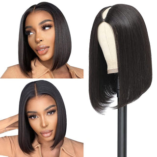 Straight 8-14 inch V part Synthetic Half  Wig For Black Women Short Cut V Part  Straight Bob Wig No Leave Out  Natural Color ALODIA STORE
