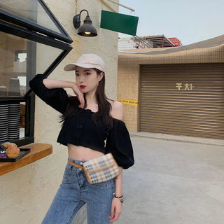 Off Shoulder Woman Tshirts French Puff Sleeve Short Croptop Korean Belly Button Exposed Sexy Shirt Summer Vintage Soild Y2k Tops ALODIA STORE