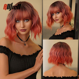 Ombre Brown Platinum Blonde Synthetic Wigs Short Straight Bob Wigs for Black Women Daily Natural Heat Resistant Hair Cosplay ALODIA STORE