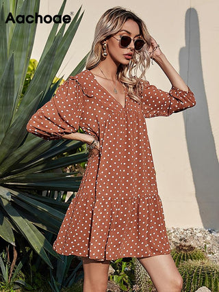 Aachoae Women Casual Loose Polka Dot Dress V Neck Pleated Chiffon Dress Lantern Half Sleeve Mini Beach Dress Summer Robe Femme ALODIA STORE