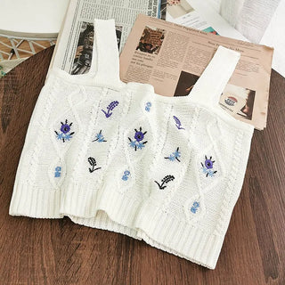 Flowers Embroidery Suspender Korean V-Neck Knitting Sweet Elastic Vintage Students Cute Summer Women Knot CropTops ALODIA STORE