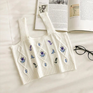 Flowers Embroidery Suspender Korean V-Neck Knitting Sweet Elastic Vintage Students Cute Summer Women Knot CropTops ALODIA STORE