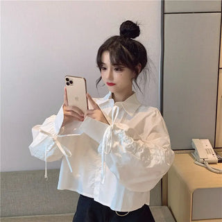 2022 Long Sleeve Cropped Shirt for Women Blouse Spring Summer Cardigan Tops Y2k Clothing Korean Fashion Casual Button Up Croptop ALODIA STORE