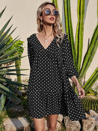 Aachoae Women Casual Loose Polka Dot Dress V Neck Pleated Chiffon Dress Lantern Half Sleeve Mini Beach Dress Summer Robe Femme ALODIA STORE