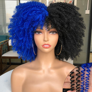 Short Afro Kinky Curly Wig With Bangs For Black Women Cosplay Lolita Natural Hair Ombre Mixed Brown Synthetic African Wigs ALODIA STORE