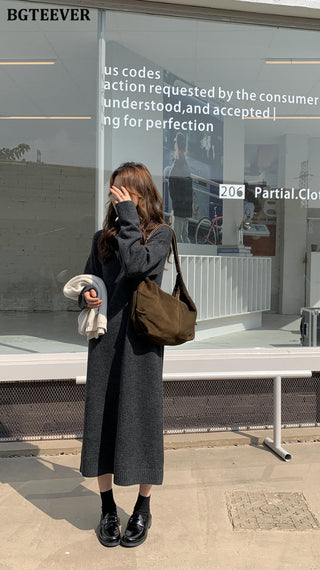 BGTEEVER Casual Thicken Warm Loose Sweater Dress Women Autumn Winter Lapel Full Sleeve Solid Long Knitted Dress Female vestidos ALODIA STORE