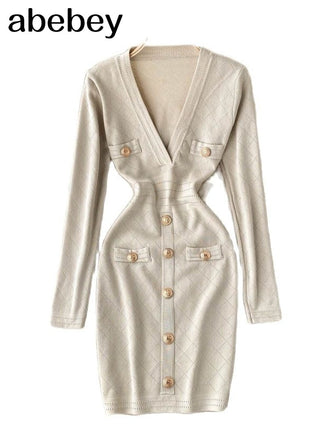 Women Knitted Pencil Dress Korean Long Sleeve V Neck Elastic Slim Dress ALODIA STORE