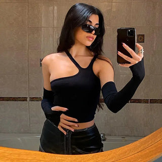 Autumn Fashion Casual Slim Solid Removable Sleeves Halter T Shirt For Women New Streetwear Wild Basic Female Top Hot ALODIA STORE