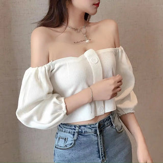 Off Shoulder Woman Tshirts French Puff Sleeve Short Croptop Korean Belly Button Exposed Sexy Shirt Summer Vintage Soild Y2k Tops ALODIA STORE