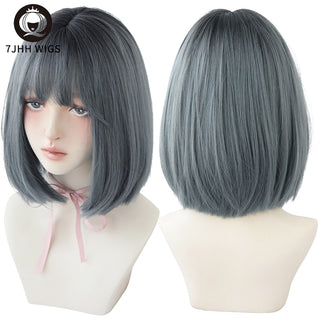7JHH WIGS Short Bob Straight Ombre Blonde Wigs With Bang For Girl Black Female Synthetic Shoulder Length Crochet Hair Ginger Wig ALODIA STORE