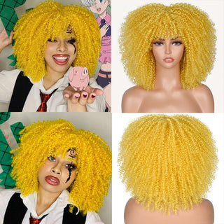 Short Afro Kinky Curly Wig With Bangs For Black Women Cosplay Lolita Natural Hair Ombre Mixed Brown Synthetic African Wigs ALODIA STORE