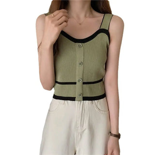 Fashion Summer Halter Off Shoulder Knitted Korean Sport Tank Crop Ribber Y2k Ropa De Mujer Croptop Cami Button Patchwork Ins Top ALODIA STORE