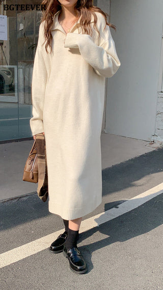 BGTEEVER Casual Thicken Warm Loose Sweater Dress Women Autumn Winter Lapel Full Sleeve Solid Long Knitted Dress Female vestidos ALODIA STORE