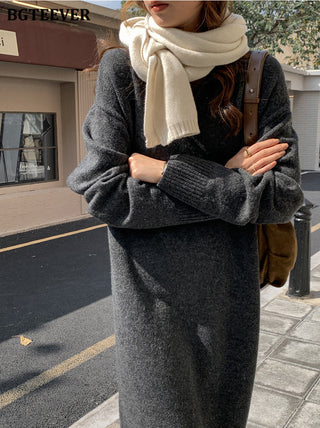 BGTEEVER Casual Thicken Warm Loose Sweater Dress Women Autumn Winter Lapel Full Sleeve Solid Long Knitted Dress Female vestidos ALODIA STORE