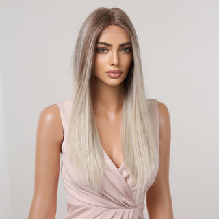 HENRY MARGU Long Straight Lace Front Synthetic Wigs Brown Blonde Platinum Wigs for White Women Middle Part Daily Heat Resistant ALODIA STORE