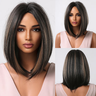 Ombre Brown Platinum Blonde Synthetic Wigs Short Straight Bob Wigs for Black Women Daily Natural Heat Resistant Hair Cosplay ALODIA STORE