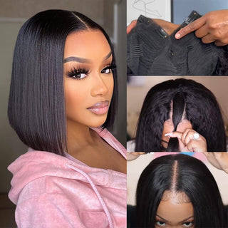 Straight 8-14 inch V part Synthetic Half  Wig For Black Women Short Cut V Part  Straight Bob Wig No Leave Out  Natural Color ALODIA STORE