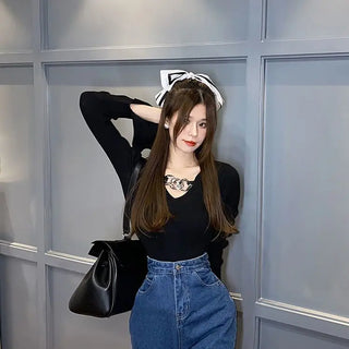 Women's Long Sleeve Black Croptop Knitted Sweater Sexy Party Slim Shirt Cropped Tops Korean Fashion Elegant Office Ladies ALODIA STORE