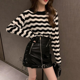 Women's Long Sleeve Striped Croptop Knitted Sweater Sexy Slim Shirt Cropped Tops Korean Fashion Spring Summer Vintage Clothing ALODIA STORE